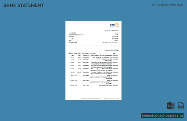 Beispiel eines Kontoauszugs der Bahrain Bank of Bahrain and Kuwait (BBT)